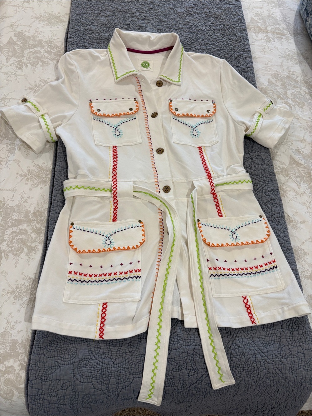 Double D Ranch White Embroidered Utility Jacket with Multicolor Stitching